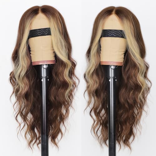 Image of AISI HAIR Brown Mixed Blonde wig Wig for Women, Long Wavy Lace Hairline Middle Part Synthetic Heat Resistant Wig for Daily Party-26 Inch