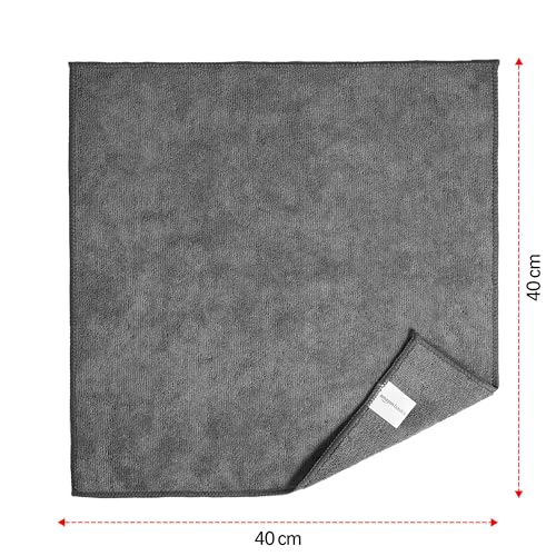 Image of Amazon Basics Pack of 4 Microfiber Cleaning Cloth | 350 GSM | Ultra Soft | Super Absorbent | Reusable | Grey | 40cm X 40cm
