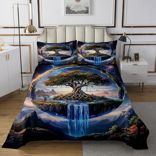 Tree of Life Quilts Set for Kids Boys,Nature Mountain River View 3Pcs Bedspread Bedding Set,Glitter Galaxy Universe Bed Cover Set,Boho Style Bedspread Coverlet with 2 Pillowshams (Queen Size)