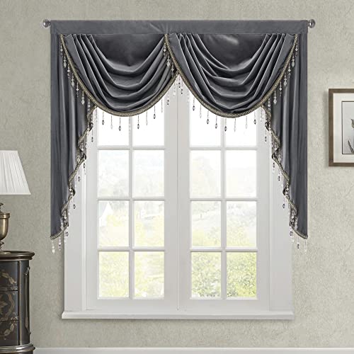 StangH Thick Velvet Curtains Valance for Living Room, Grey Waterfall Swag Valances with Beads Tassel for Bedroom Window Closet Office Sliding Door, W59 inches, 1 Panel