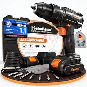 Heimfleiss® Professional 20V Akkuschrauber Set | 3-in-1 Akku Schlagbohrschrauber inkl. 2x 2.0Ah Akkus + Ladegerät | 2-Gang Bürstenloser Akku Bohrschrauber mit 60Nm | Werkzeugkoffer mit Akkuschrauber