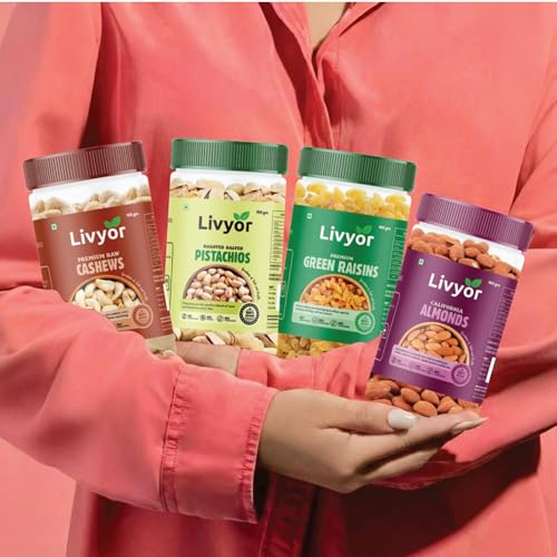 Image of Livyor Premium Dry Fruits Combo Pack for eating - 400g | 100g each | Cashews, Pistachios, Almonds, Green Raisins | Family Snacks Pack | Winter Essentials | Combo of 4 Healthy Assortments | Dry Fruits & Nuts Combo | Nutrient-Rich Treats for Family | Healthy and Tasty | Gourmet Snack | Best Gifting Option | Pack of 4