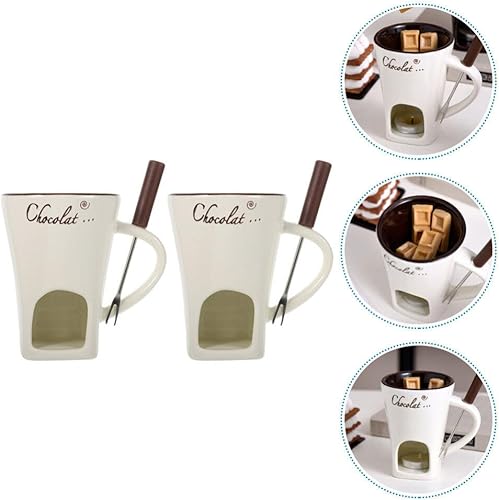 Miniatura 7 de Luxshiny Juego de 2 tazas de cerámica para fondue personal con tenedor para derretir queso, chocolate, mantequilla, caramelo