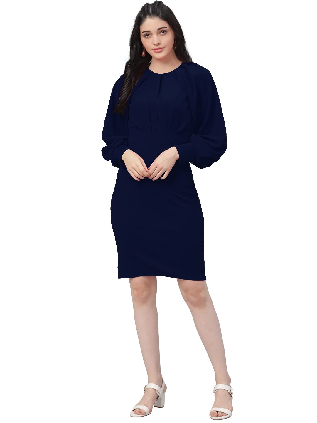 Shasmi Women's Comfortable Navy Blue Round Neck Full Sleeve Solid Midi Bodycon Casual Western Stylish Dress For Womens/Midi Dress For Girls (Shree Midi 15 Navy Blue S)