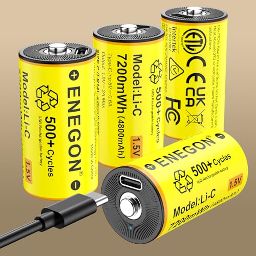 ENEGON 4本セット充電式 単二電池リチウム、1.5V 7200mWh、1-4ポートUSB-C急速充電ケーブル付属,懐中電灯、CDプレーヤー、キャンプ/非常用ライト、ラジオ、子供用おもちゃなどに最適