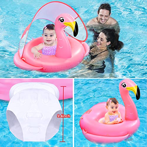 Flamingo Baby Swimming Pool Float With Upf50+ Canopy & Safety Seat, Widen Double Wings Never Flip Inflatable Pool Float Ring Babies Floaties Trainer Newborn Infant Toddler 6-36 Month Summer Water Toy #TOP5