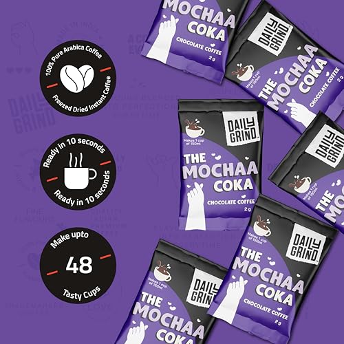 Image of DAILYGRIND Chocolate Mochaa Instant Coffee Sachets 2 g Each - Pack of 48 | Assorted Arabica Coffee Powder with Free Jar | Hot & Cold Brews - Freeze Dried | Hot or Iced Brews at Home & Office 96 g