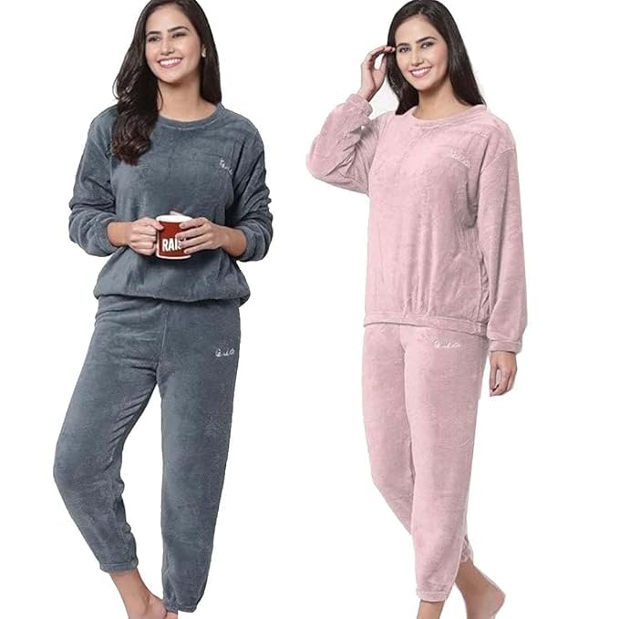 cigain Women Winter Nightsuit Ladies Fur Nightwear Warm Night Suit for Girls Night Pyjama Set Women's Top Pajama Pants Regular Fit (L, Grey_Pink)-picture-48