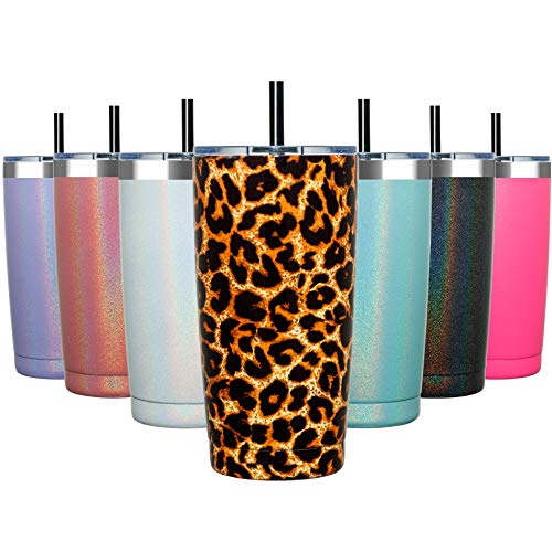 ALOUFEA 20oz Stainless Steel Tumbler with Lid and Straw Vacuum Insulated Tumbler Cup Double Wall Coffee Tumbler Powder Coated Travel Coffee Mug Leopard