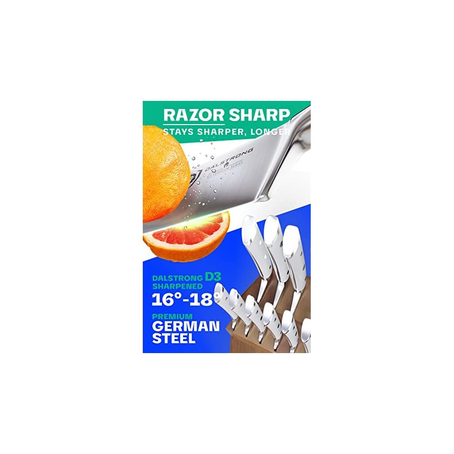 DALSTRONG-Knife-Set-Block-18-Pc-Colossal-Knife-Set-Gladiator-Series-German-HC-Steel-Acacia-Wood-Stand-White-ABS-Handles-NSF-Certified DALSTRONG Gladiator Series Elite-18pc Stainless Steel Knife Set with Block-High Carbon German Steel-Acacia Wood Block-Gift Knife Set w/White Handles-NSF Certified