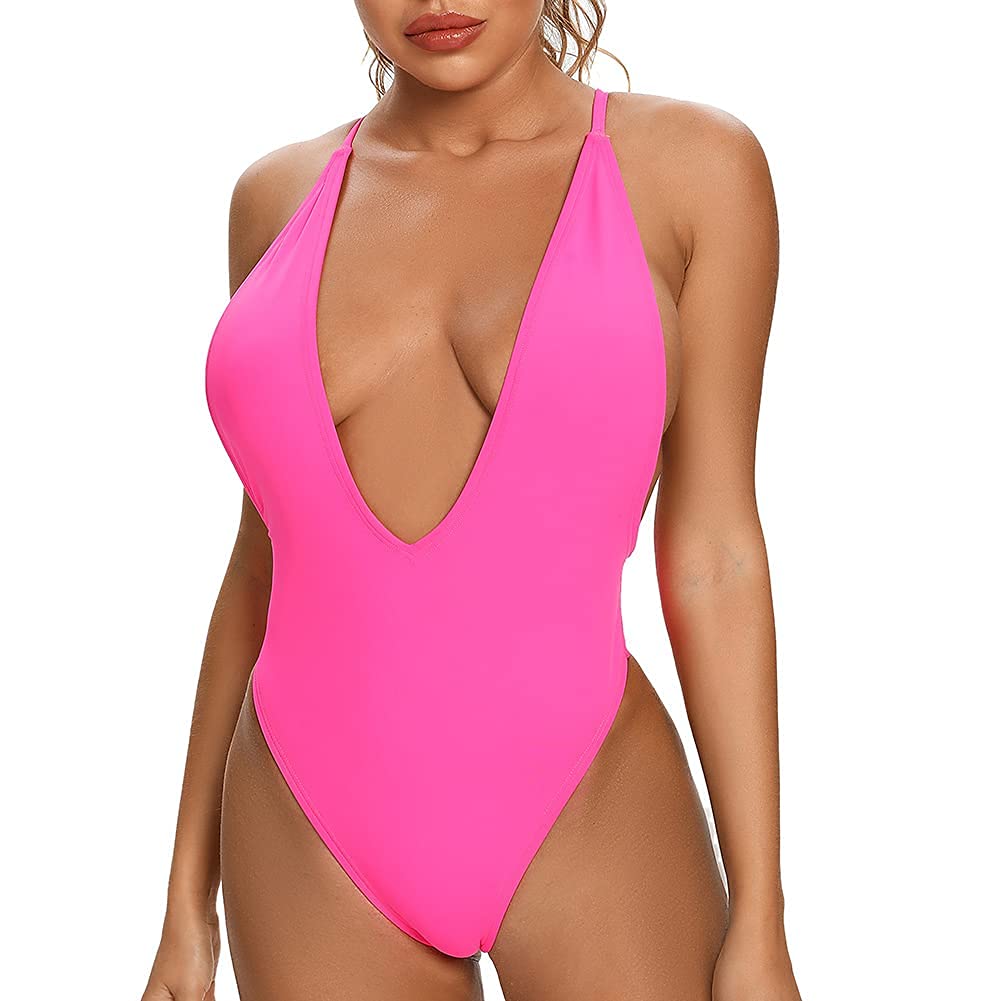 DixperfectWomen's Sexy Deep V-Neck High Cut One Piece Bathing Suit Plunge Side Strap Swimsuit Monokini