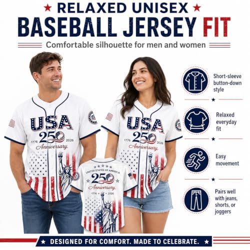 USA Camiseta de Béisbol por el 250 Aniversario, Estatua de la Libertad con Bandera USA, Camisa Transpirable con Botones miniatura 4