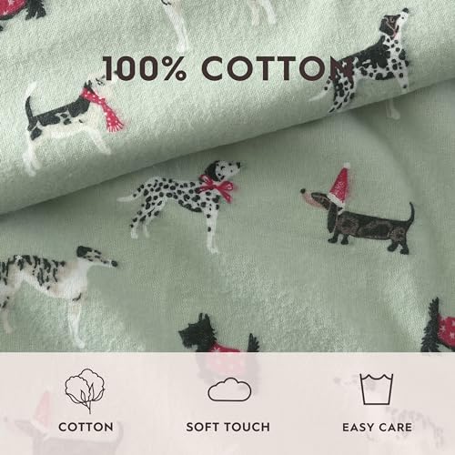 Image of Laura Ashley - Flannel Sheets Twin Size, Anti-Pilling & Wrinkle Resistant Cotton, Touchably Soft for All-Season Comfort - Bed Sheets with Matching Pillowcase & Fitted Sheet (Holiday Pups Green)