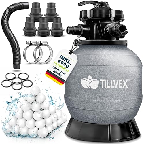 tillvex® Sandfilter Pool ohne Pumpe + Filterbälle | Filterkessel Poolfilter inkl. Adapter Ø32-38mm | Sandfilterkessel + 7-Wege-Ventil, Manometer & Saugschlauch (Grau, Bis 21 m³ (21.000 Liter) Pools)