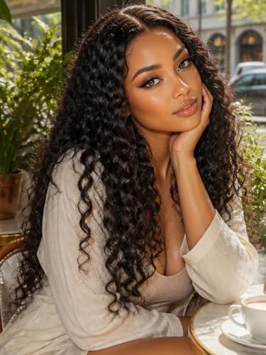 Image of KLAIYI Bye Bye Slip Water Wave 7X5 Precut Lace Front Human Hair Wig Drawstring Glueless 3S Ready to Wear and Go Wig with Baby Hair Pre Plucked Bleached Bye Bye Knots Curly Wig 180%Density Full 18Inch