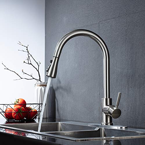 Kitchen Faucet Single Handle Brushed Nickel with Pull Down Sprayer, Commercial High Arc Pull Out Stainless Steel Kitchen Sink Faucets Single Hole