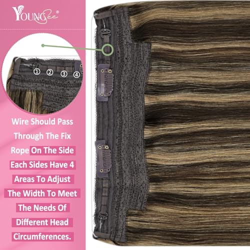 Image of YoungSee Wire Hair Extensions Highlight Wire Human Hair Extensions Dark Brown Highlights Caramel Blonde One Piece Hair Extension Short Straight Hair 12inch 75g