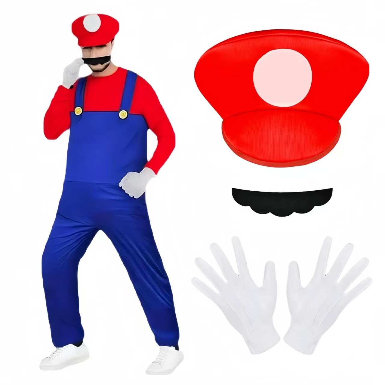 BSBUY Cosplay Kostüm 4 Pcs Super-Brothers Cosplay mit Mütze Hose Bart Handschuhe Super-Brüder Wario Kostüm Set Männer Damen Erwachsene Outfit Kostüm für Karneval Party Faschingskostüme
