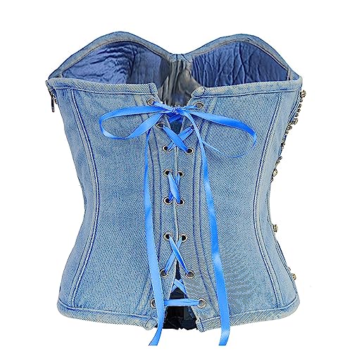 ELLACCI Women's Denim Rhinestone Corset Top Sexy Club Party Jean Bodysuit3