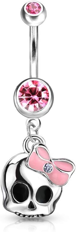 Pierced Owl 14G 316L Surgical Steel Cute Skull with Paved Gem and Epoxy Bow Navel Belly Ring