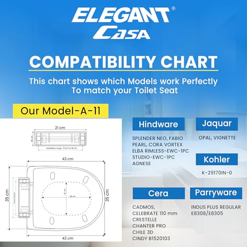 Image of Elegant Casa A-11 Toilet Seat Cover D Shape Commode Cover Easy Installation Stable Hinges Prevent Shifting Soft-Closing Colour Ivory Off-White Sleek Design Size 43x35 Hole Distance 13-18 Cm