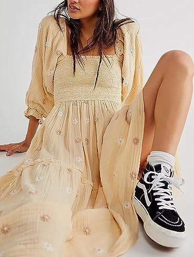 Willow Dance Women Casual Bohemian Floral Dress Square Neck Ruffle Swing A Line Long Sleeve Beach Maxi Dress with Pockets3