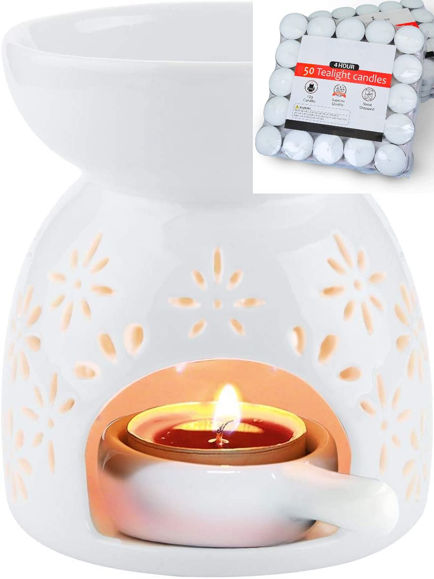 Zeewizz Assorted,White Wax Melt Essential Oil Burner (With 50 Tea Candles) - Star Pattern, Ceramic Aroma Assorted Wax Warmer Aromatherapy Tarts Holder Candle Scented Diffuser Home Bedroom Decor
