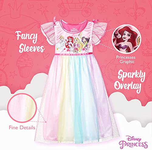 Disney Girls' Fantasy Nightgown Princess Dress Pajama, Rainbow - Princesses, Size 8