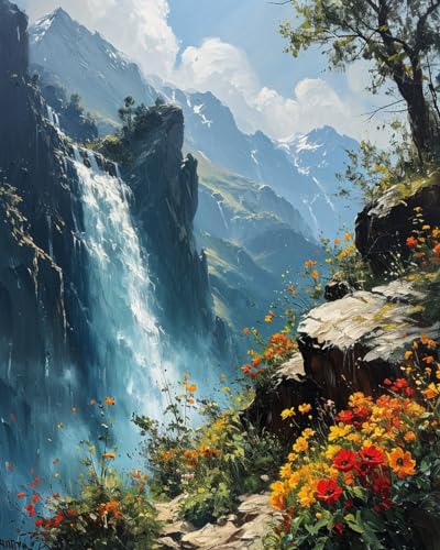 Pintura por números, arco iris arqueado sobre oasis de cascada, manualidades para adultos, kits de pintura por números, manualidades para decoración del hogar (sin marco, 16 x 20 pulgadas)