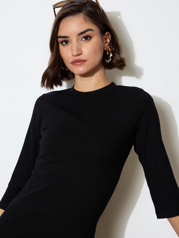 Image of barcino Black Rib Mock Round Neck Midi Dress