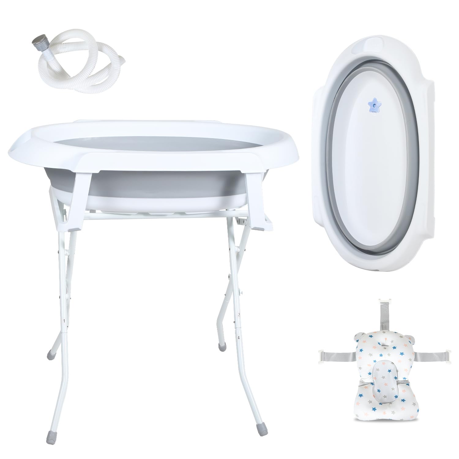 Vasca da bagno pieghevole con struttura e tappo di scarico reattivo a temperatura – Vasca da bagno pieghevole con tappetino da bagno, scarico dell'acqua e tubo – antiscivolo, portatile