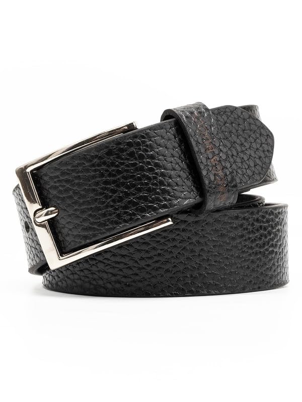 Image of Bacca Bucci Men's Leather Belt 35 mm for Formal & Casual Wear, Textured Black & Tan Strap with Metallic Pin Buckle, Classic Everyday Office Belt for Men
