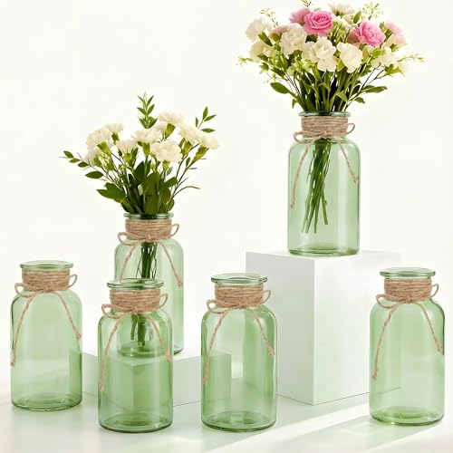 LEYIQU 6 Pack Mason Jar Vases for Centerpieces Green Glass Flower Vase