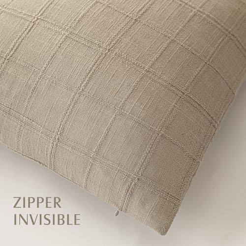 Image of Foindtower Set of 1 Decorative Linen Check Throw Pillow Cover Neutral Farmhouse Vintage Cushion Cover Modern Coastal Boho Home Decor for Sofa Chair Couch Bedroom Living Room,24x24 Inch,Camel