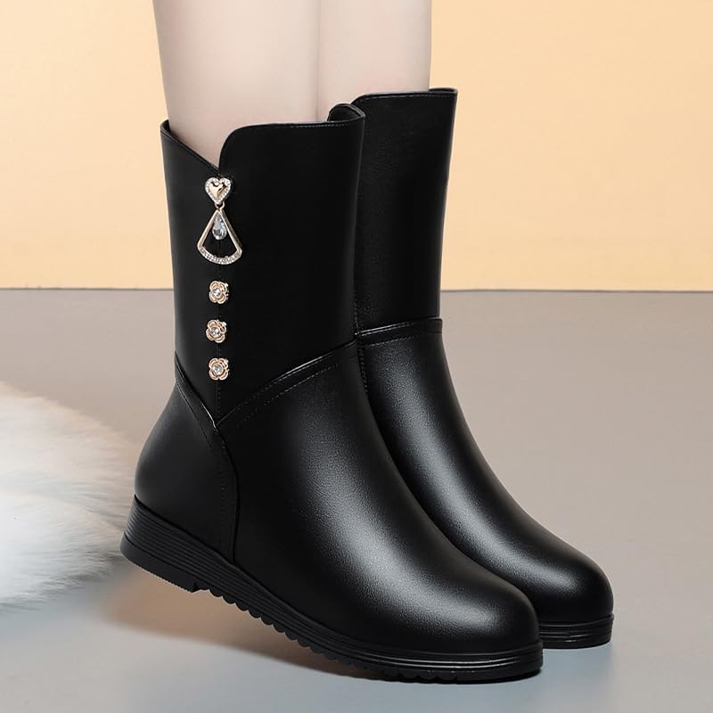 Women's Warm Mid-Calf Leather Boots Comfortable Chunky Heel Side Zipper Fur Lining Winter Boots with Decorative Rhinestones & Pendant Fashion Classic Mid-calf Snow Boots - Image 4