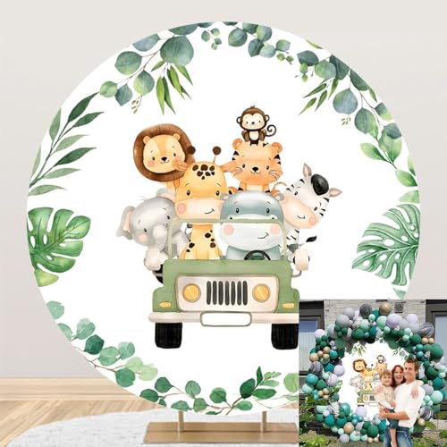 OERJU Safari Round Backdrop Cover Jungle Safari Baby Shower Round Backdrop Safari Animals Truck Theme Birthday Baby Shower Party Decoration Photography Background Kids Boy Arch Photo Booth Props 6ft