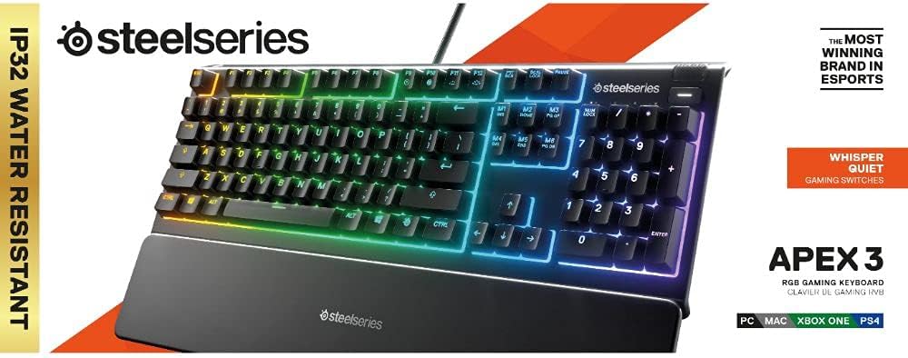 SteelSeries Apex 3 Whisper Quiet IP32 Water & Dust-Resistant Gaming Keyboard - Prism 10-Zone RGB Illumination - Premium Magnetic Wrist Rest