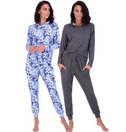 Image of Real Essentials 2 Pack: Women's Soft Long Sleeve Sleep Set - Comfortable Lounge Pull Over Hoodie and Henley Jogger