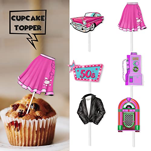 18Pcs Pink Glitter Dessert Cupcake Topper Retro 50S Theme Theme Decor Supplies Happy Birthday Decorations #TOP1