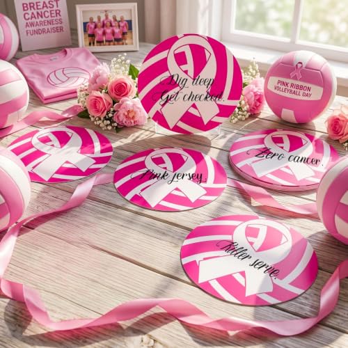 Image of Taobary 24 Pcs Breast Cancer Awareness Cutouts Pink Volleyball Decorations | 7 Inch Pink Ribbon Volleyball Bulletin Board Classroom Decorations, DIY Charity Activity Sports Party Supplies