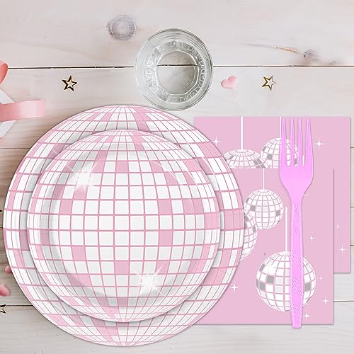 Image of 96PCS Pink Silver Disco Party Plates Napkins Disco Birthday Decoration 70s Theme Disposable Paper Cake Tableware Serve 24 Guests Women Girls Baby Shower Bachelorette Wedding Birthday Party Favor