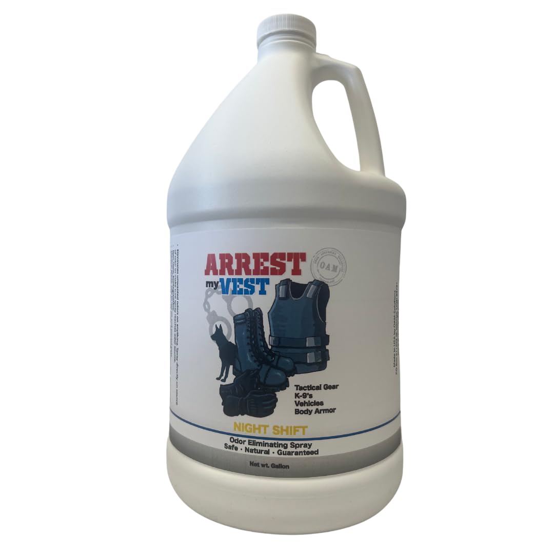 Arrest My Vest Military Grade Odor Eliminating Spray for Body Armor, Tactical Gear, and K9 Equipment. Safe on All Ballistic Vests, Fabrics, & Police Gear - Night Shift Fragrance - 1 Gallon Bottle