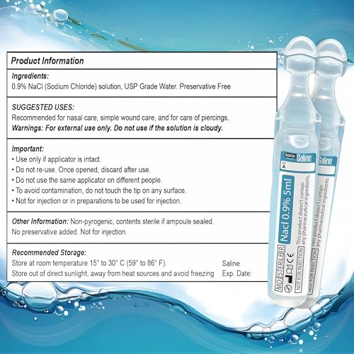 Image of Saline Ampoules Saline Solution, Sodium Chloride 0.9%, 50 Count (5mL Each) | Nasal Cleanse for Babies, Kids, & Adults, Sterile Nasal Care, Wound Cleansing