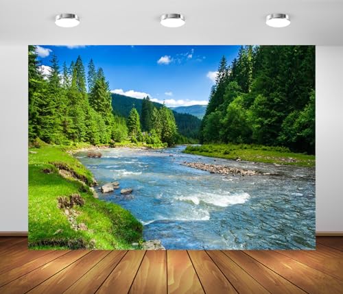 BELECO 5x3ft Fabric Mountain River Backdrop Spring Summer Landscape Forest Trees Nature River Stones Background Outdoor Camping Hiking Decor Kid Adult Artistic Portrait Photo Studio Props