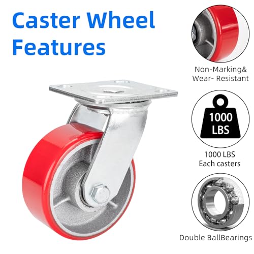 Image of Nefish 5 Inch Industrial Grade Casters Wheels, 2 Pack Heavy Duty Swivel Casters, No Noise Polyurethane Wheel on Steel Hub, 1000 Lbs Load Capacity Per Swivel Casters for Machine, Equipment