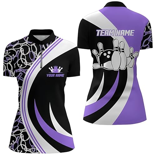 Pink Bowling Quarter-Zip Shirt for Women | Pattern Bowling Jersey | Personalized Bowling Team Shirt D105, Black, Purple4