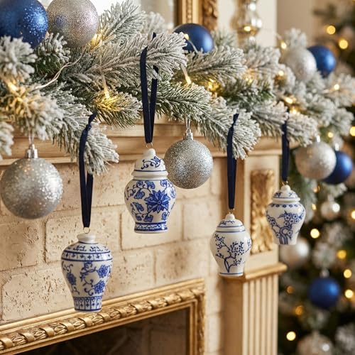 Image of Goaste 4 Pack Mini Ginger Jar Ornaments, Christmas Hanging Pendant, Chinoiserie Ceramic Hanging Ornaments, Blue and White Porcelain Christmas's Tree Decor for Christmas, Home Decoration
