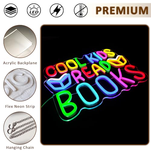 Image of Cool Kids Read Books Neon Sign for Wall Decor, Reading Led Signs for Library, USB Dimmable Neon Lights for Classroom Reading Corner Bedroom Study Room Home Book Club Motivational Wall Art