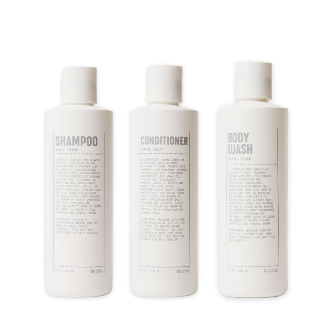 Blu Atlas Mens Body Wash Shampoo and Conditioner - Santal and Cedar Scent - Gentle Cleansing Hydrating Shampoo