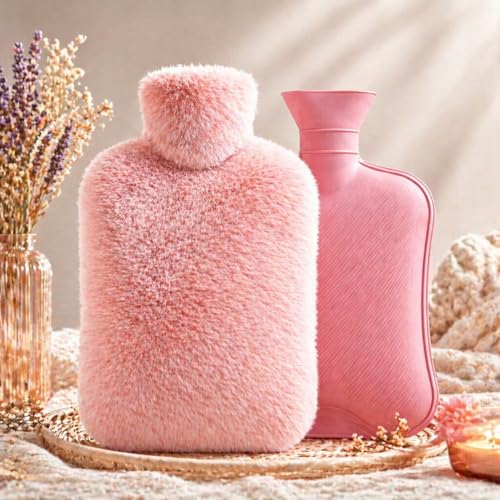 Image of Hot Water Bag with Plush Fur Cover 2 Litre | Medical Grade & Leak-Proof Heating Pad for Pain Relief & Cramps | Hot & Cold Compress for Neck, Back, Shoulder, Swelling, Injury & Menstrual Care (Pastel Pink)